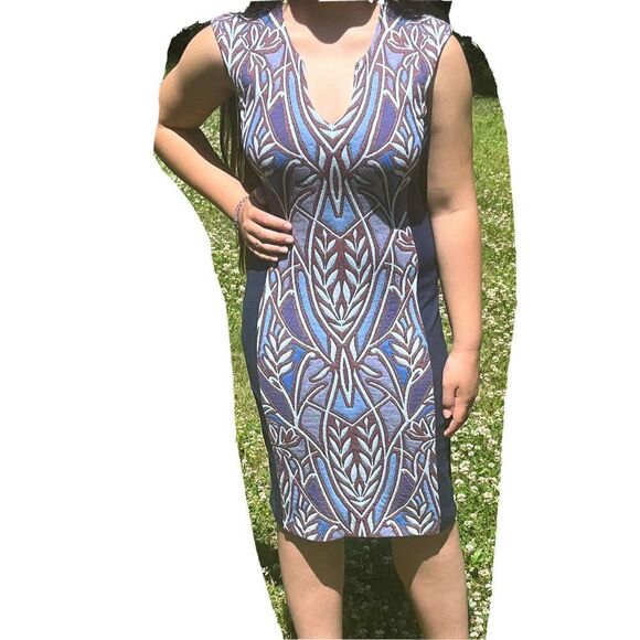 Anthropologie HD in Paris Blue Cleo Jacquard Sheath Knit Panel Dress Sz Small - Picture 2 of 14
